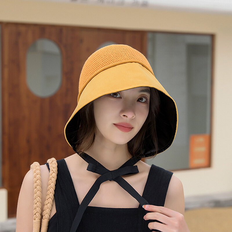 여름 여성의 면화 양동이 모자 일본 한국 여성 패션 큰 고리 조정 가능한 단색 야외 태양 어부 모자 숙녀