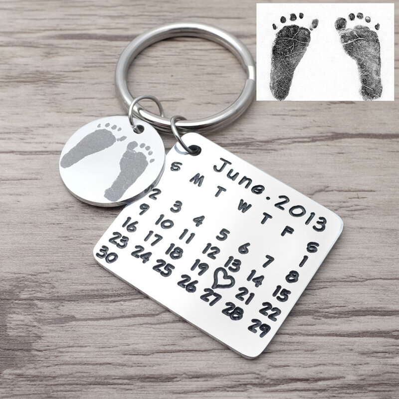 Llavero personalizado con huellas de bebé, llavero con calendario grabado, fecha personalizada, regalo para papá, regalos para el primer día del padre