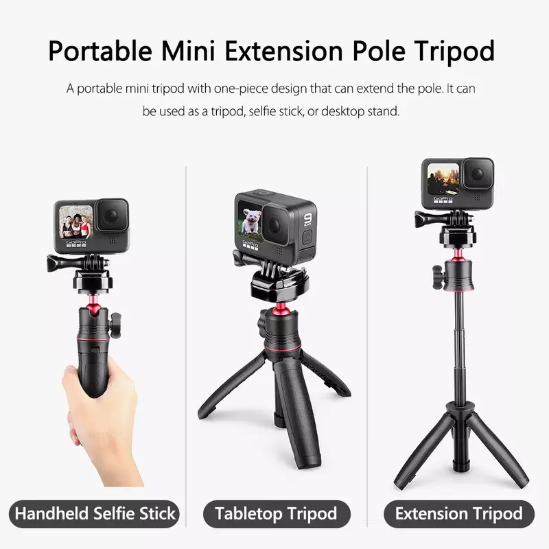 Vamson for Go pro Mini Selfie Stick Tripod Tabletop Stand for Gopro Hero 10 9 8 7 6 5 with Ball Head Extendable Handle Monopods