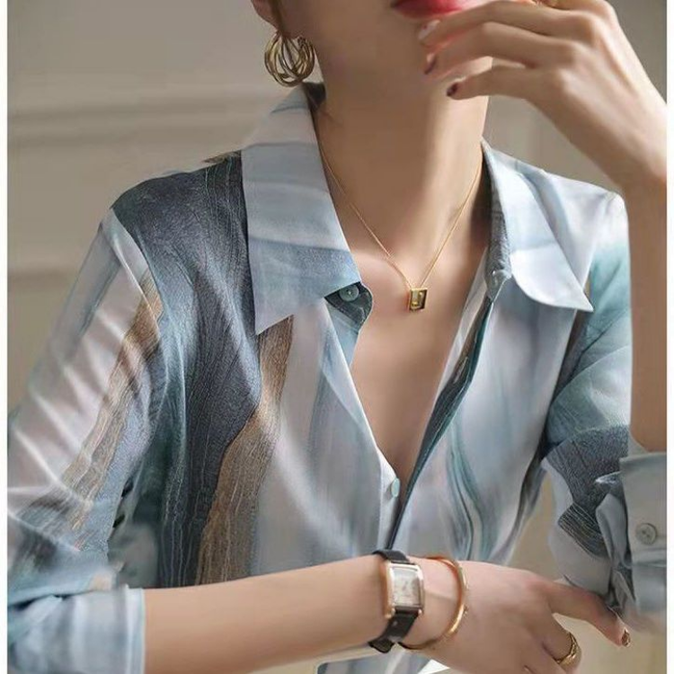 Gradient Color Button Up Shirt Fall Korean Fashion Vintage Shirts for Women Elegant Long Sleeve Print Loose Female Clothing
