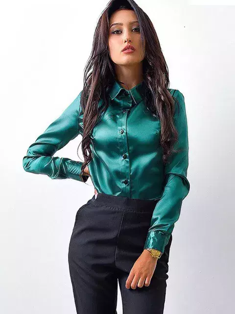Nova blusa feminina elegante vinho vermelho verde cetim camisa turn down collar longth manga feminina formal escritório ol blusa