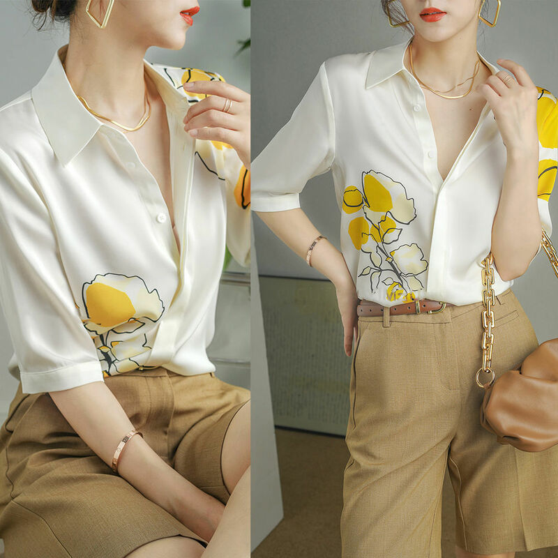여름 패션 새 꽃 인쇄 셔츠 여성 다운-다운 칼라 사무실 레이디 레트로 블라우스 반소매 느슨한 쉬폰 셔츠 Femme 2022