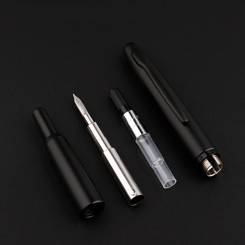 Mahanan-pluma estilográfica de prensa A1 sin tapa, plumín extrafino retráctil de 0,4mm, Metal negro mate con convertidor de Clip para escritura
