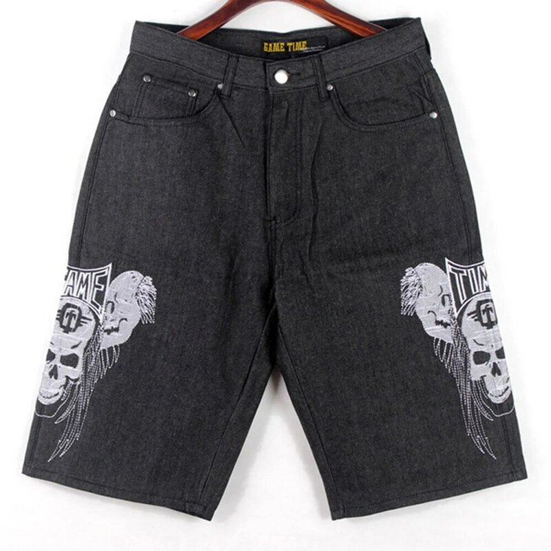 Mens Large Size Skull Embroidered Denim Shorts High Street Washed Loose Five-point Library Trend Design Printed Skateboard Pants