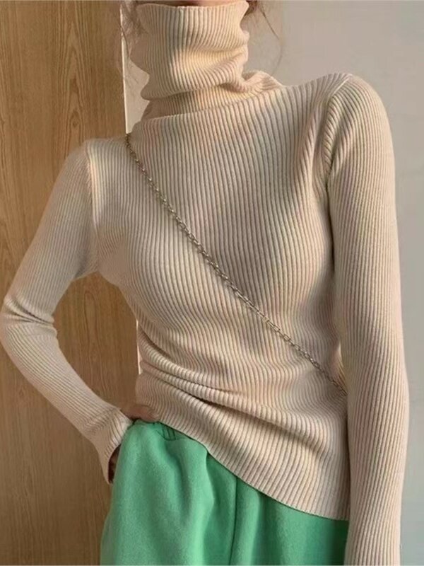 Sweater Turtleneck Pullover Musim Dingin Wanita Atasan Solid Kasual Elegan Lengan Panjang Blus Longgar Pakaian Luar Fashion Wanita
