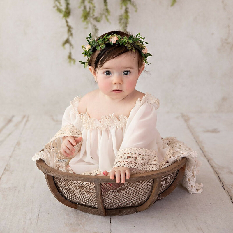Roupa para fotografia de bebês, vestido de renda com ombros shoulder para meninas recém-newborn, props para fotografias