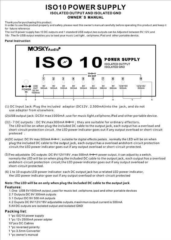 MOSKY ISO-10 기타 페달 전원 공급 장치 스테이션 True 10 절연 DC 출력 및 One 5V USB 출력 9V 12V 18V 기타 페달
