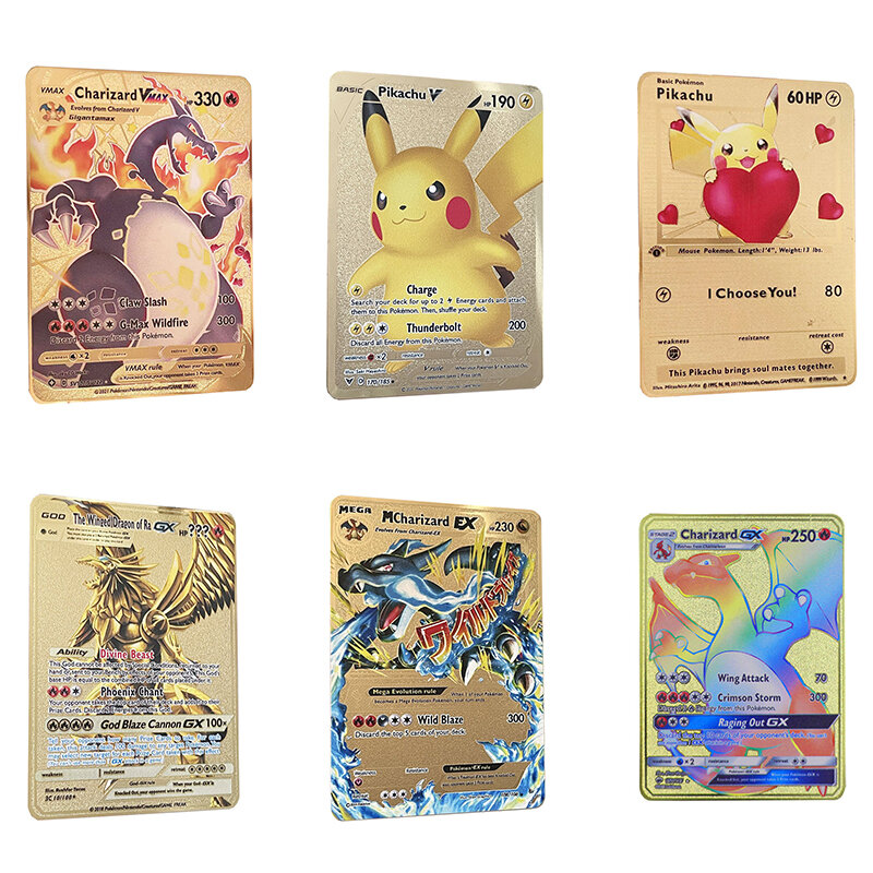 Cartes en métal pour enfants, Pokemon Pikachu, Charizard Ex Pokemon, brillant, Vmax, Mewtwo, Collection de jeu, jouets en métal Anime