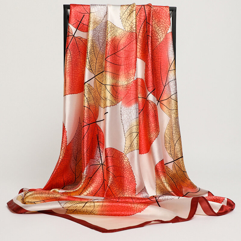 Женский атласный шарф с принтом в виде листьев, 90 см