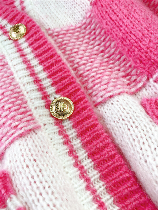 Moherowy dekolt w kratę różowa kurtka z dzianiny 2023 wiosna nowy jednorzędowy kolizja kolorów luźny sweter biurowy Lady Cardigan