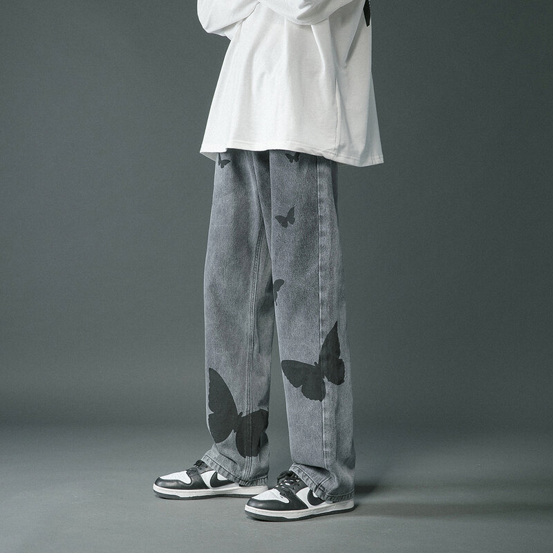 2022 calças de brim de impressão borboleta calças de brim largas calças de brim casuais streetwear moda reta calças femininas roupas