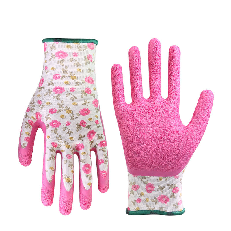 Женские садовые перчатки с принтом GMG, розовые полиэфирные розовые латексные рабочие Нескользящие защитные перчатки для механического строительства