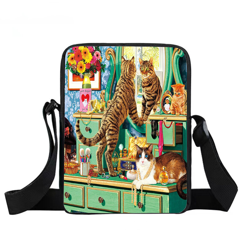 Oil painting cat girl boy outdoor Mini messenger bag aliens say hello pattern print DIY beach bag interesting storage bag