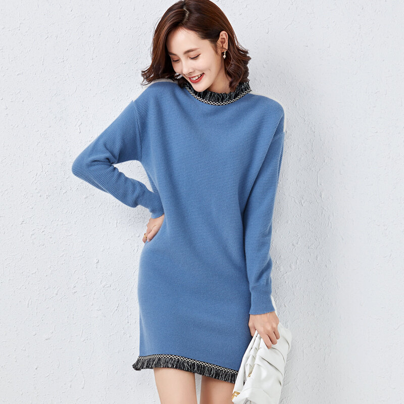 2022 Autumn And Winter New Pure Wool Sweater Women's Fur Collar Pullover Mid-Length Loose Fashion Knitted Bottoming Sweater