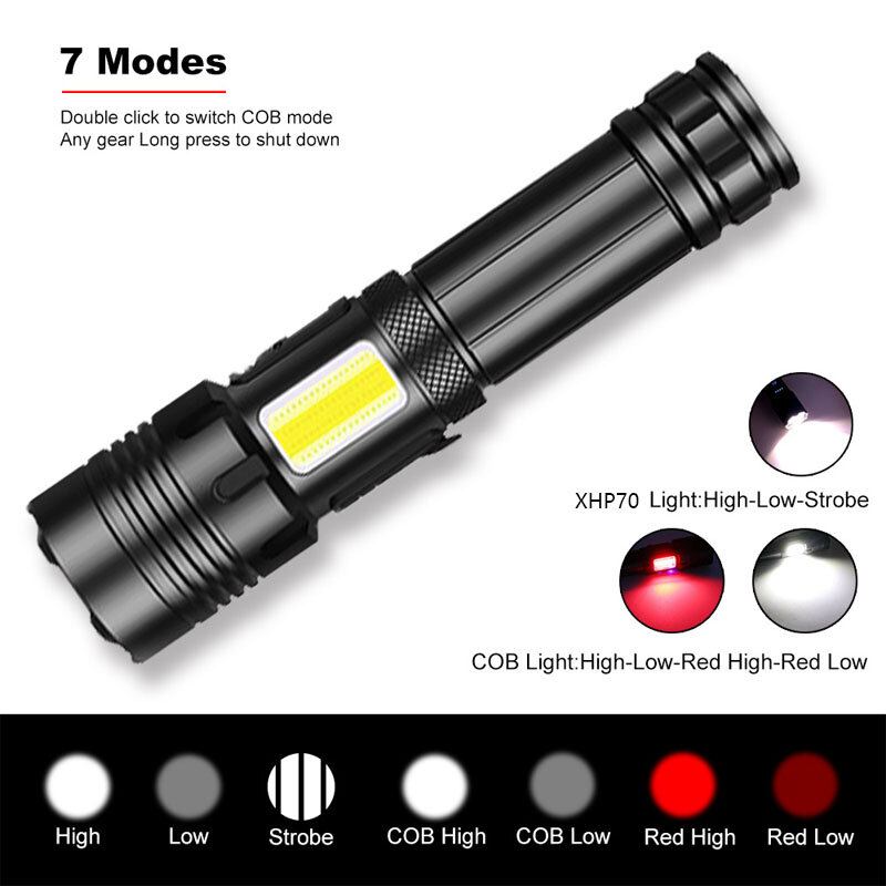 Super XHP70+COB Powerful Led Flashlight High Power Torch light Rechargeable Tactical flashlight 26650 USB Camping Lamp