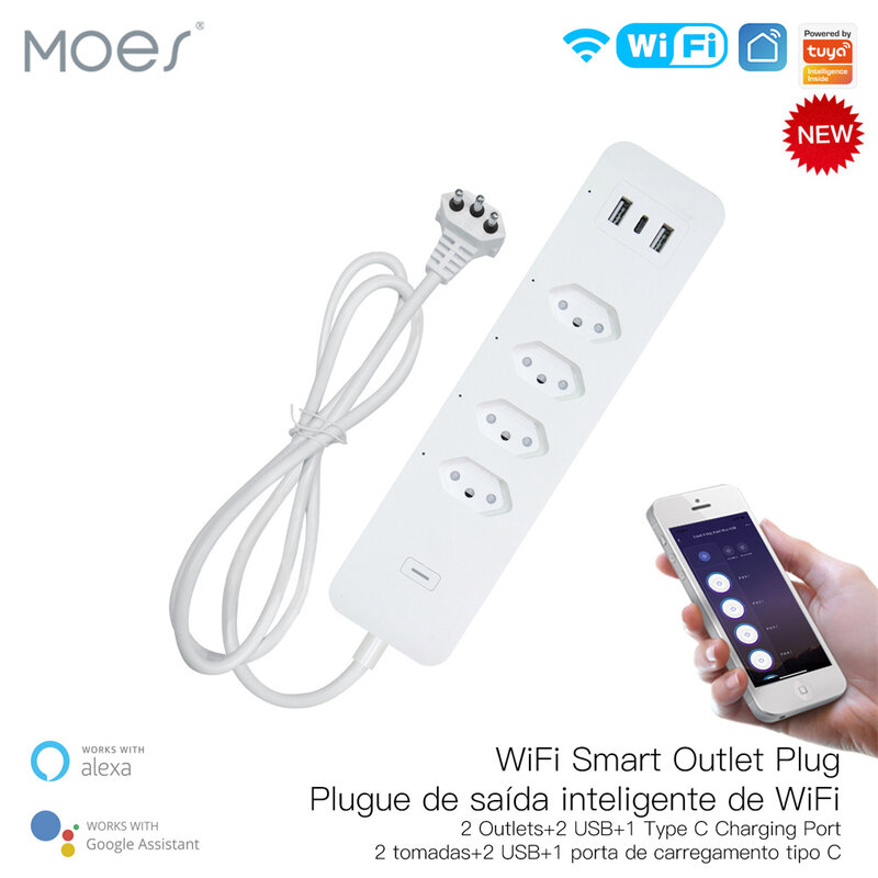 Wifi brasil smart power strip protetor contra surtos 4 brasil plugue br tomadas tomada usb tipo c tuya app controle de voz por alexa google