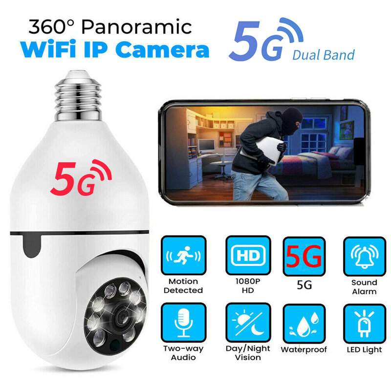 Wifi E27 5G Lamp Surveillance Camera Nachtzicht Full Color Automatische Menselijk Tracking Zoom Indoor Security Monitor Wifi Camera