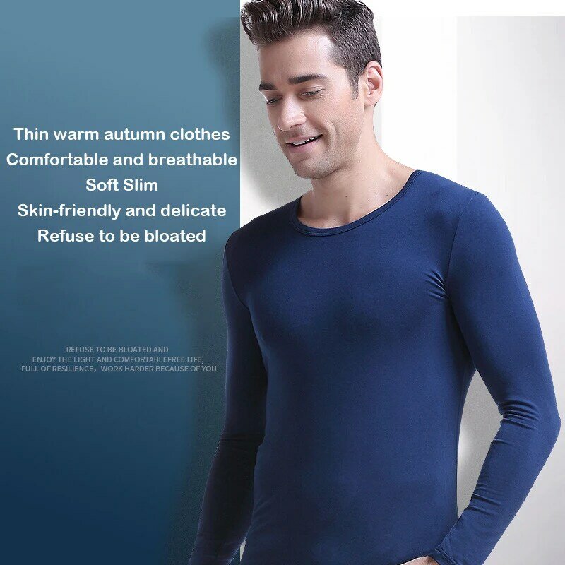 Roupa interior masculina quente modal em torno do pescoço magro manga longa camisa seção fina elasticidade térmica confortável respirável macio