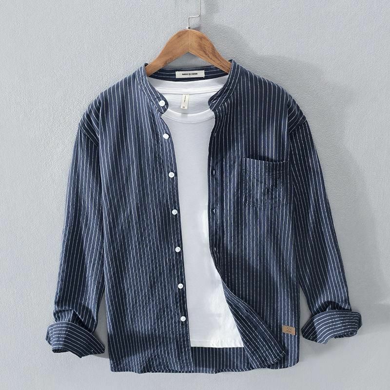 Mens Stand Collar Striped Casual Shirts Slim Fit Breathable Comfortable Vacation Long Sleeve Blouses