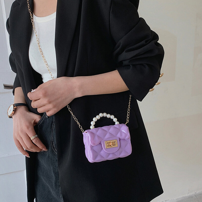 Bolso de mano de gelatina para mujer, bandoleras coloridas con asa de cadena de perlas, diseño de marca, pequeño Mini bolso cruzado con broche