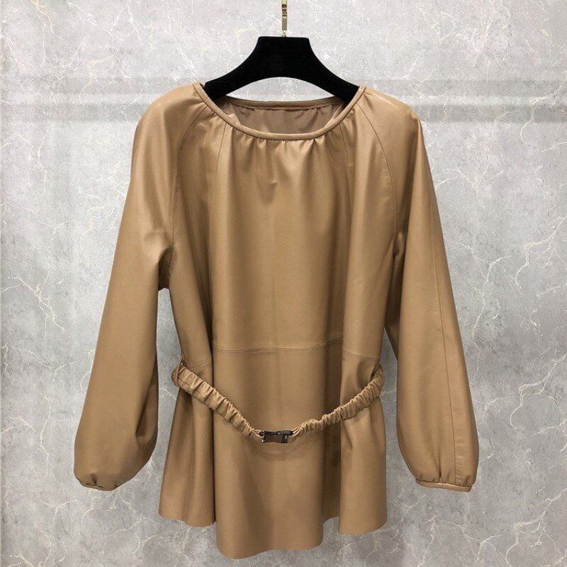 New feminine fashions of sheepskin pullovers loose tops elastic fit with belt leather jacket genuine elegant puff ladies upper