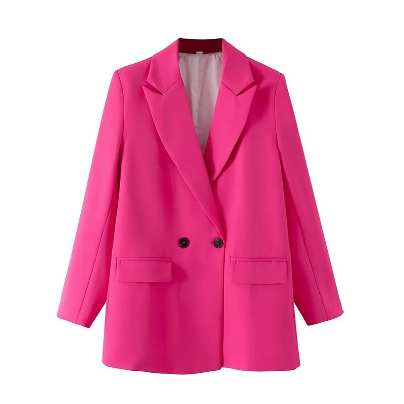 Mantel Blazer Kantor Wanita untuk Musim Dingin Mode Pakaian Kerah Berkancing Dua Baris Warna Solid Jaket Setelan Saku Lengan Panjang Klasik