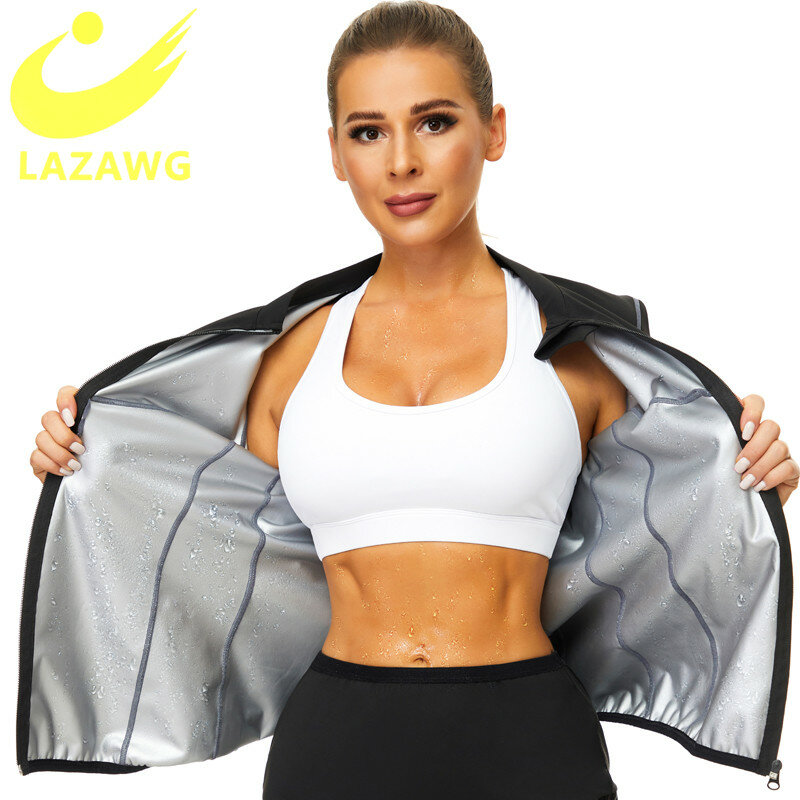LAZAWG Pakaian Keringat Sauna Pembentuk Tubuh Wanita Kaus Termo Gym Sauna untuk Menurunkan Berat Badan Latihan Wanita Kaus Pembakar Lemak Pakaian Olahraga
