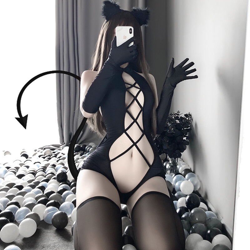 Women Sexy Bodysuit Erotic Lingerie Anime Devil Cosplay Costumes Open Front Black Cat Role Play Underwear Set