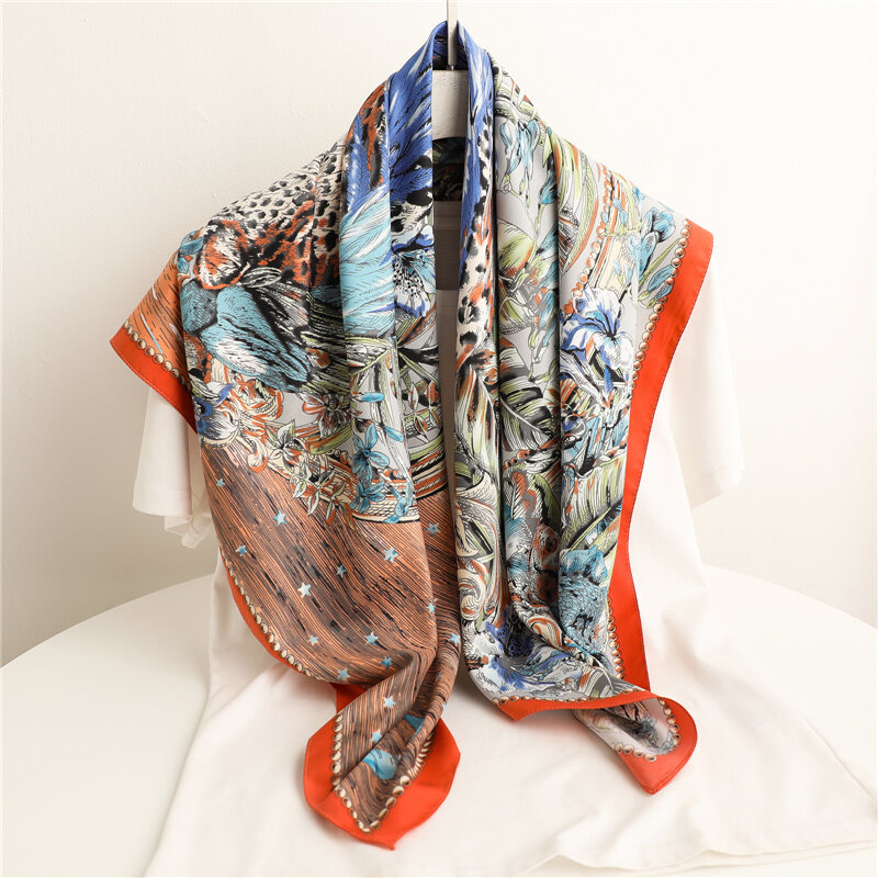 Саржевая квадратная атласная искусственная Женская шаль с животными и цветочным орнаментом женская сумка-шарф бандана для волос