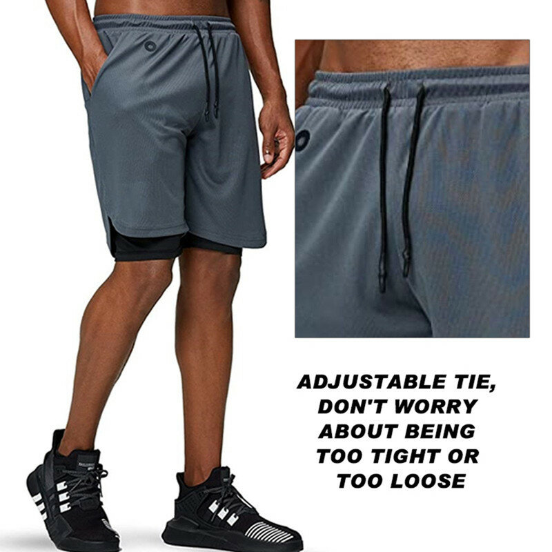 Pantalones cortos de doble cubierta para hombre, Shorts masculinos de secado rápido para entrenamiento de Fitness, gimnasio, deportes al aire libre, trotar y baloncesto