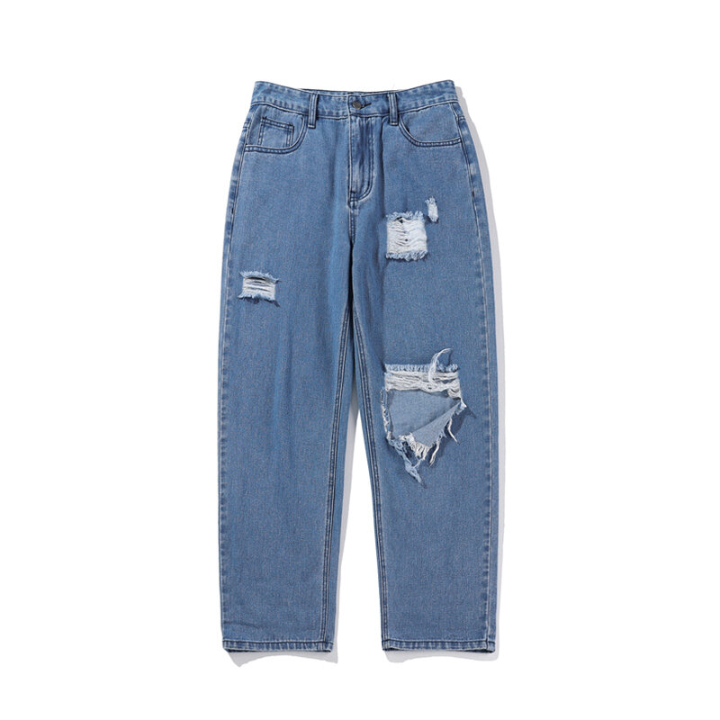 Męskie jeansy Oversize 22SS modne sztucznie postarzane spodnie dżinsowe z dziurami męskie jeansy hip-hopowe męskie jeansy randkowe