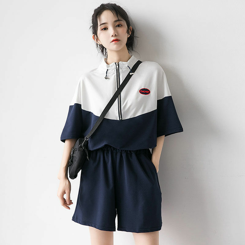 Set Pendek Wanita Desain Bordir Korea Patchwork Ritsleting Atasan Wanita Celana Pendek Pinggang Elastis Pakaian Remaja Sejuk