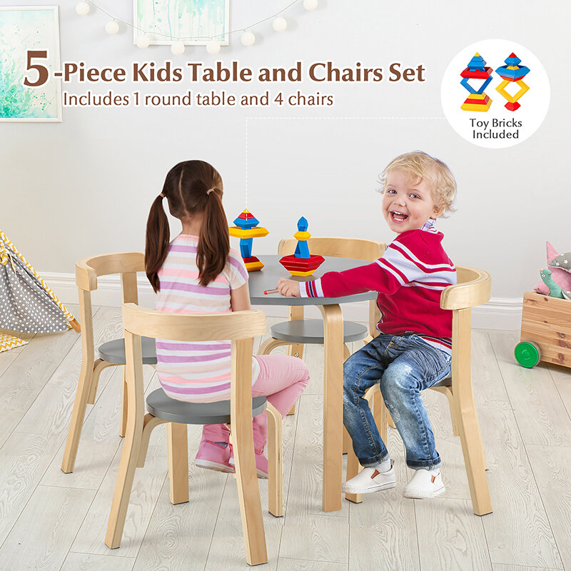 Juego de mesa y silla de actividades con respaldo curvo de madera para niños, juego de 5 piezas con ladrillos de juguete, muebles escolares de 3 colores