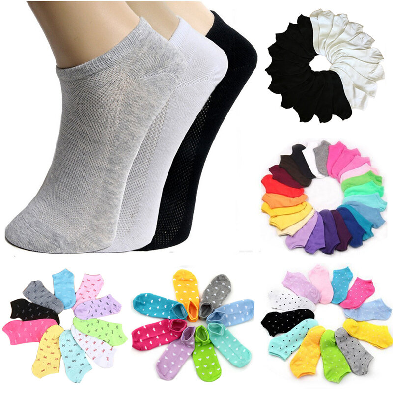 10 pièces = 5 paires de chaussettes pour femmes, courtes, coupe basse, cheville, maille respirante, couleur unie, chaussettes courtes fines