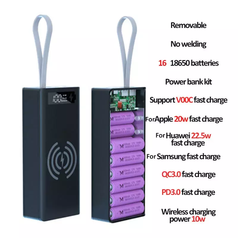 Welding Free 16*18650 Battery Storage Box PD QC3.0 USB 10W Fast Wireless Charging Power Bank Case 18650 Battery Holder Box