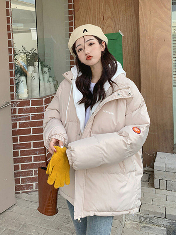 Женская зимняя хлопковая куртка с капюшоном, модель 2022 года, корейская мода, свободные толстые теплые парки, куртки с подкладкой из 2 частей, хлопковая одежда