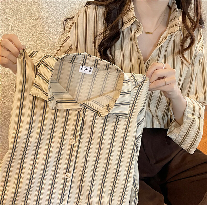 Klassieke Gestreepte Baggy Shirts Vrouwen 2022 Koreaanse Lange Mouwen Blouse Vintage Single Breasted Polo Kraag Tops Vrouwelijke