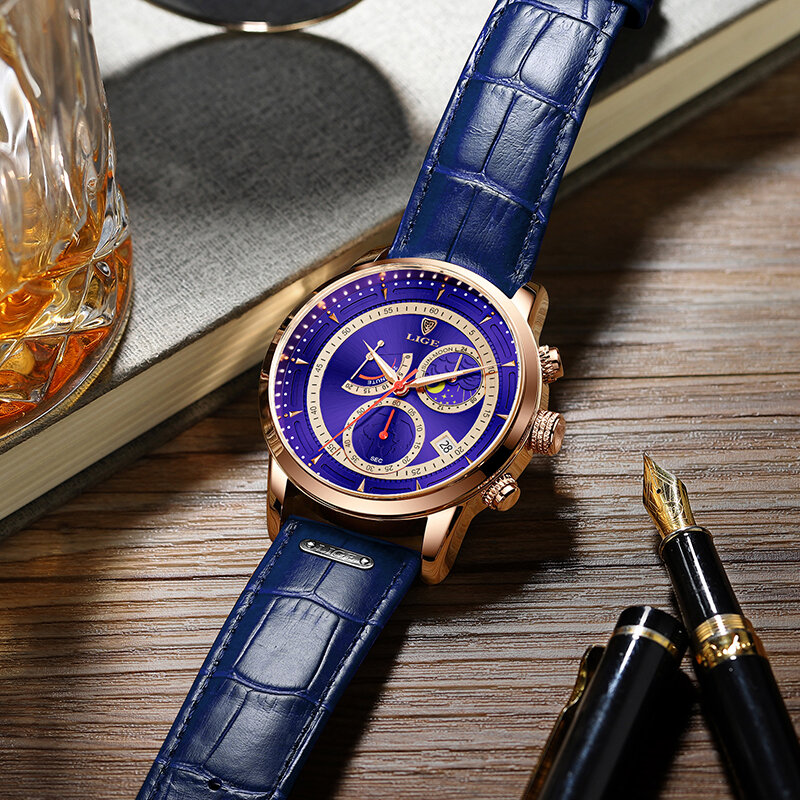 Часы наручные LIGE Мужские кварцевые, роскошные Брендовые спортивные водонепроницаемые с хронографом, в стиле милитари, с кожаным ремешком