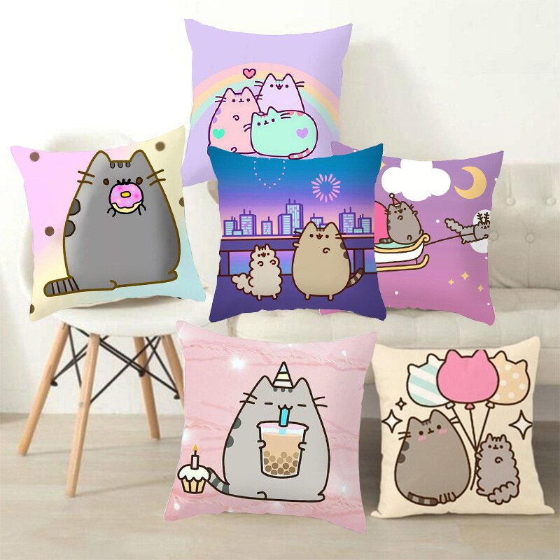 45*45CM Kawaii Chubby Cat Pillow Case Cute Cartoon Grey Lazy Cats Throw Pillowcase Room Home Decor Sofa Car Waist Cushion Covers