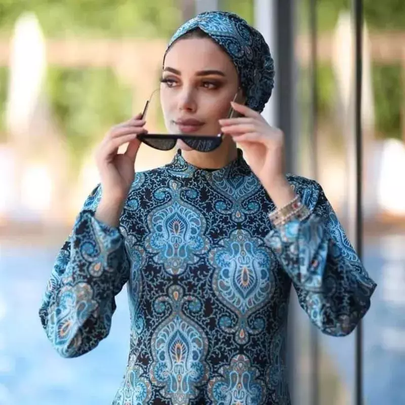 3 sztuka kąpielówki muzułmańskie kobiety drukowane Stretch pełna pokrywa Lslamic ubrania hidżab z długim rękawem Sport strój kąpielowy Burkinis strój kąpielowy