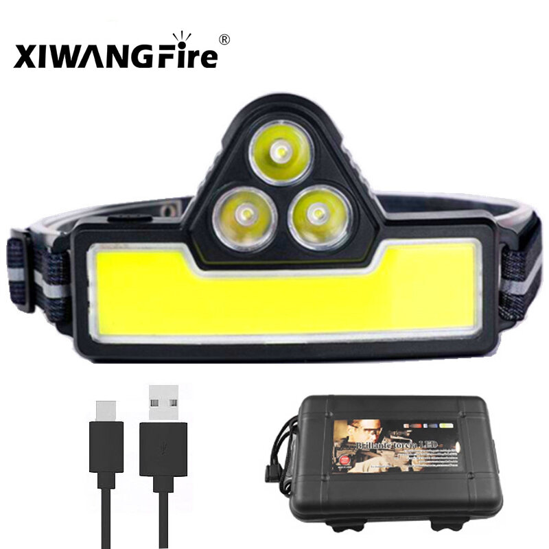 XIWANGFIRE-faro LED COB con batería integrada, linterna recargable, 3 niveles, ajustable, linterna para auriculares, camping y pesca