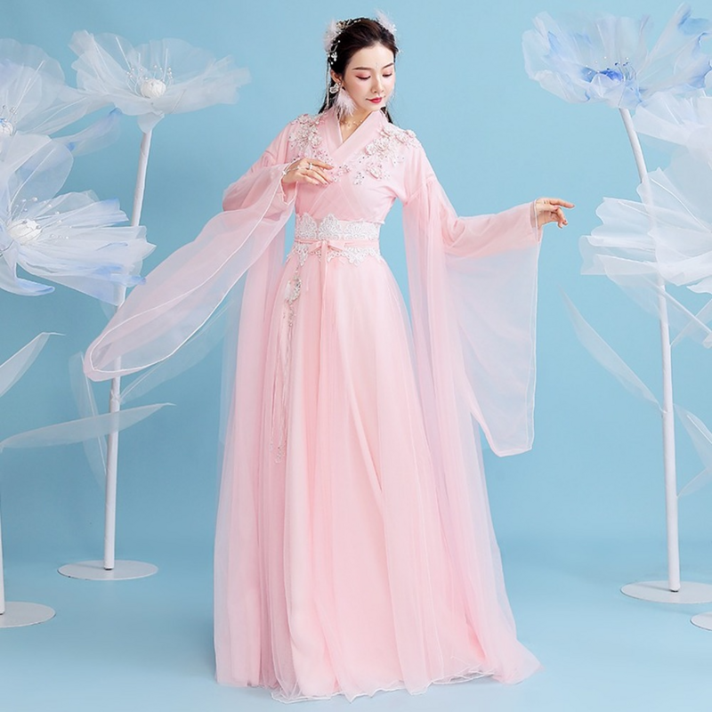 Manteau à grandes manches rose pour femmes, nouveauté Cosplay fée immortelle Hanfu fleur nouvelle robe en maille pour spectacle sur scène