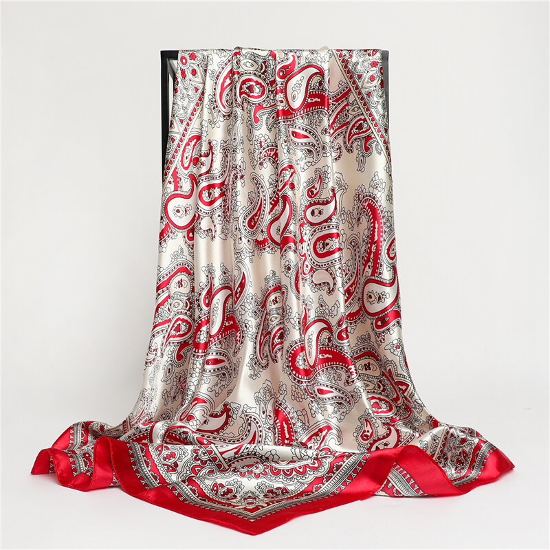 Pañuelo cuadrado de seda satinada para mujer, Bandana estampada de Cachemira, banda para el pelo, diadema, chales, Foulard, 90x90cm