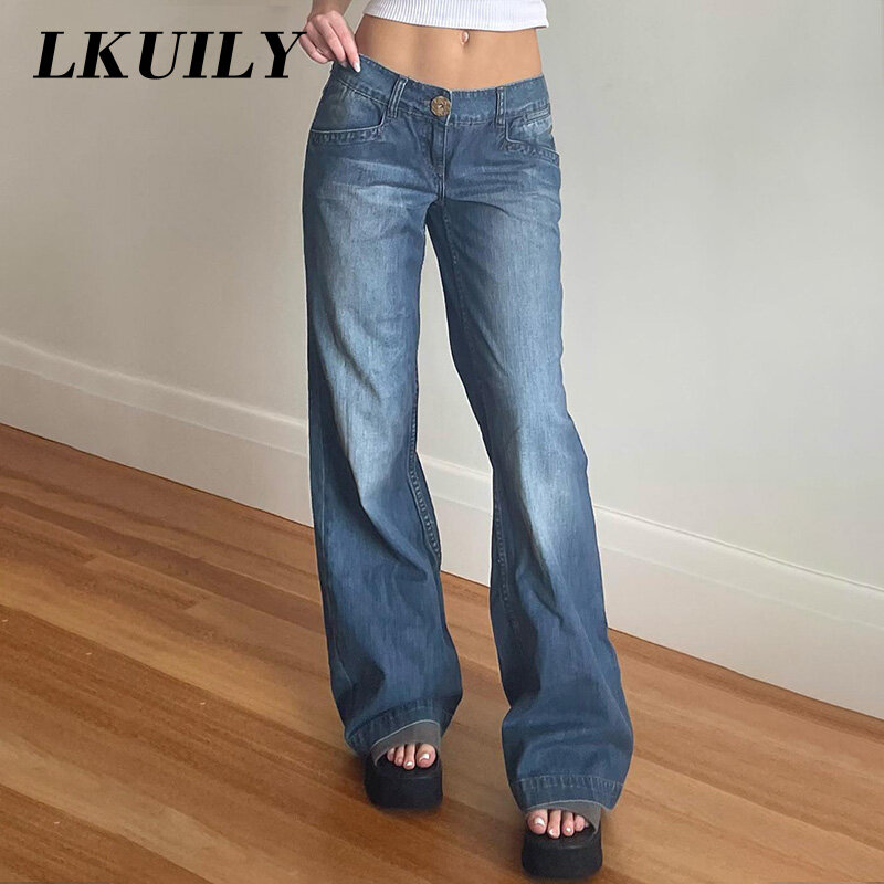 Jeans Retro Pakaian Wanita Modis Jeans Kasual Longgar Pinggang Sedang Y2K Streetwear Estetika Solid Celana Lurus Longgar