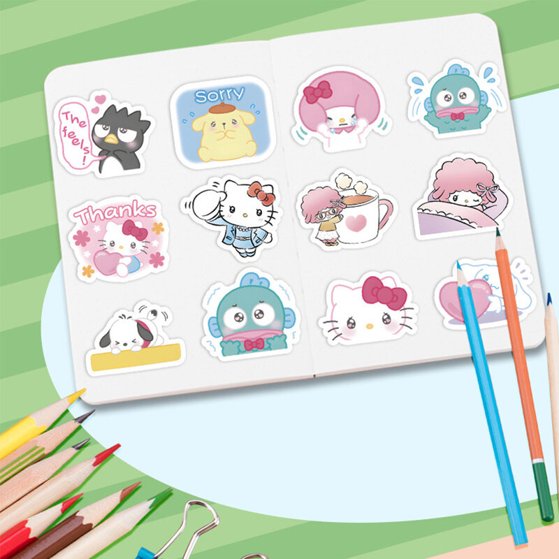 Mixed Cute Sanrio Adesivos para crianças, decalques, notebook, laptop, diário, decoração, brinquedos, Cinnamoroll, Hello Kitty, Kuromi, 10 pcs, 30 pcs, 60pcs