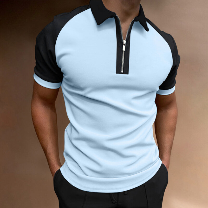 2022men'sポロシャツ夏カジュアルスリムフィットポロファッションパッチワーク服男性ジッパーターンダウン襟tシャツtシャツトップス