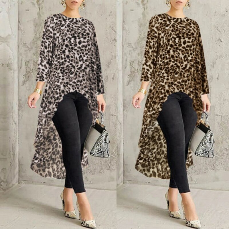 High Low Leopard Blouse Shirt Loose Tops  Female WomenLong Sleeve Autumn Winter LadiesBlusas PulloverCasualOversized  Fashion