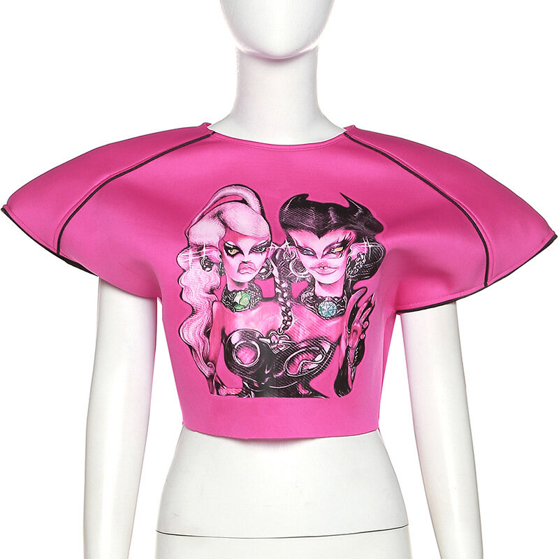 Cartoon wydrukowano kobiety T Shirt bez rękawów różowe wyściełane ramię krótki Top 2022 lato nowa treningowa bluza główna ulica bluzka w stylu Basic