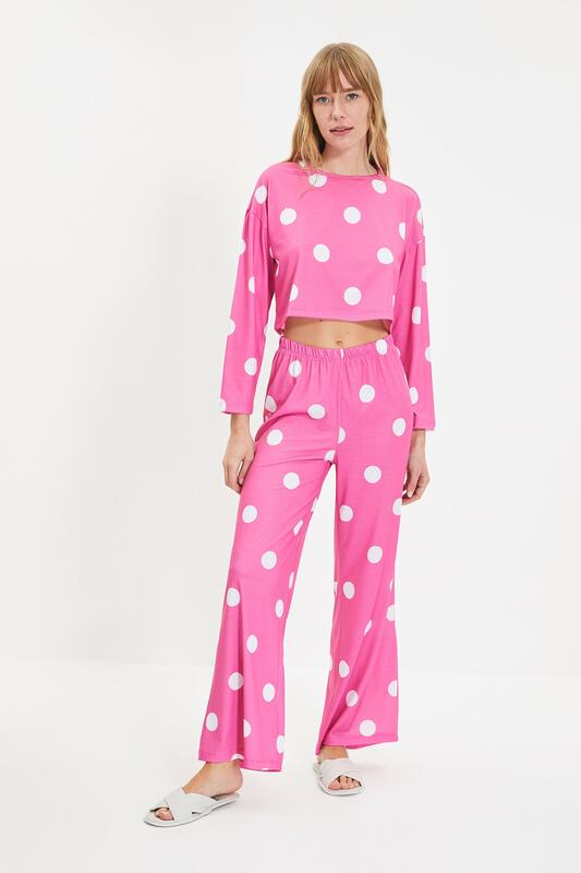 Trendyol polka dot conjunto de pijamas de malha thmaw22pt0616