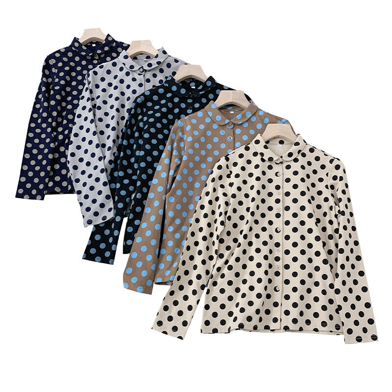 Polka Dot Shirt Collar Women Blouses Slimming Shirts Elegant Buttoned Round Neck Long-sleeved Inner Elastic Knitted Blouse Tops
